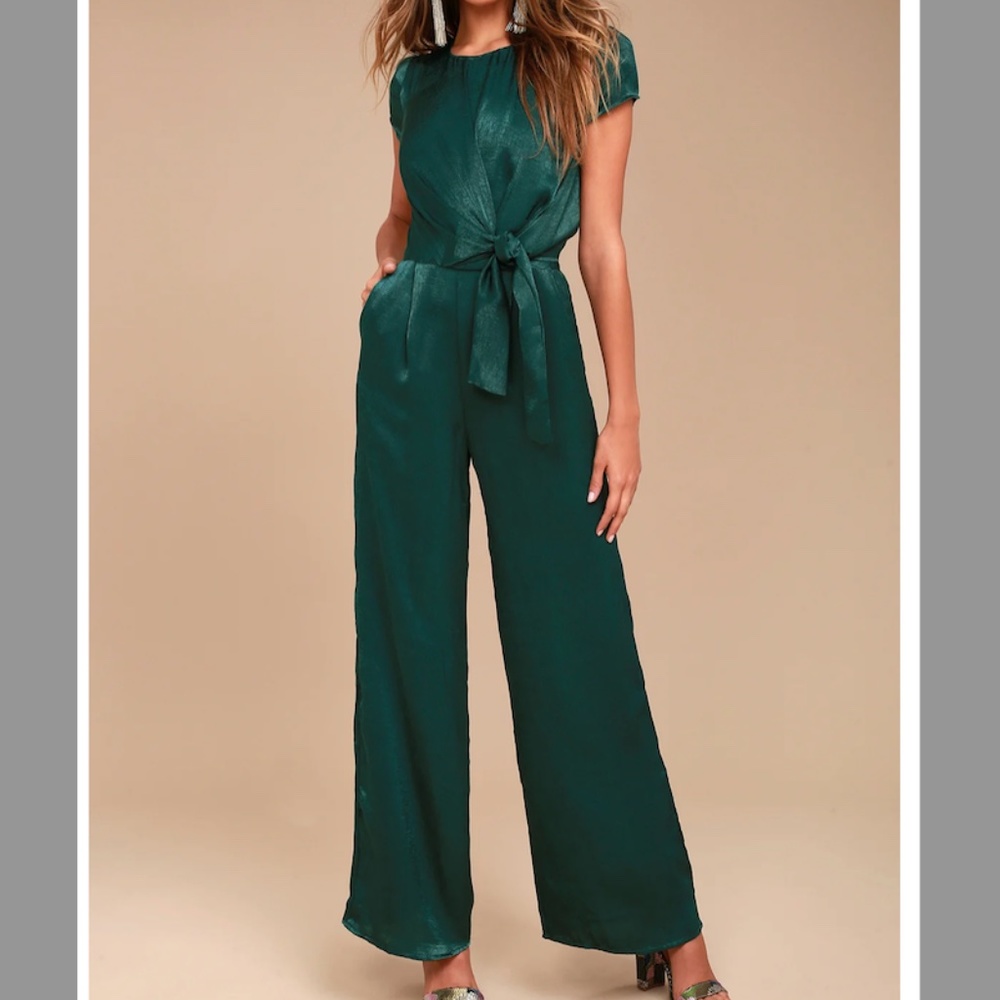 Lulu's Let Me Entertain You Forest Green Satin Wide-Leg Jumpsuit